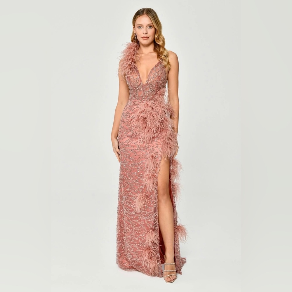 NEW Alfabeta Womens Beaded Long Dress,Sz 2, Blush